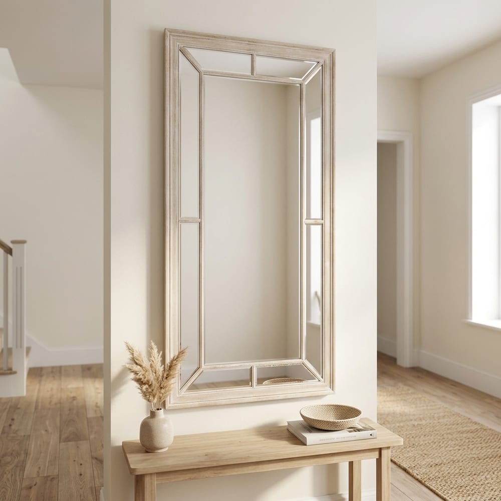 Large Washed Wood Framed Window Mirror | Assembled