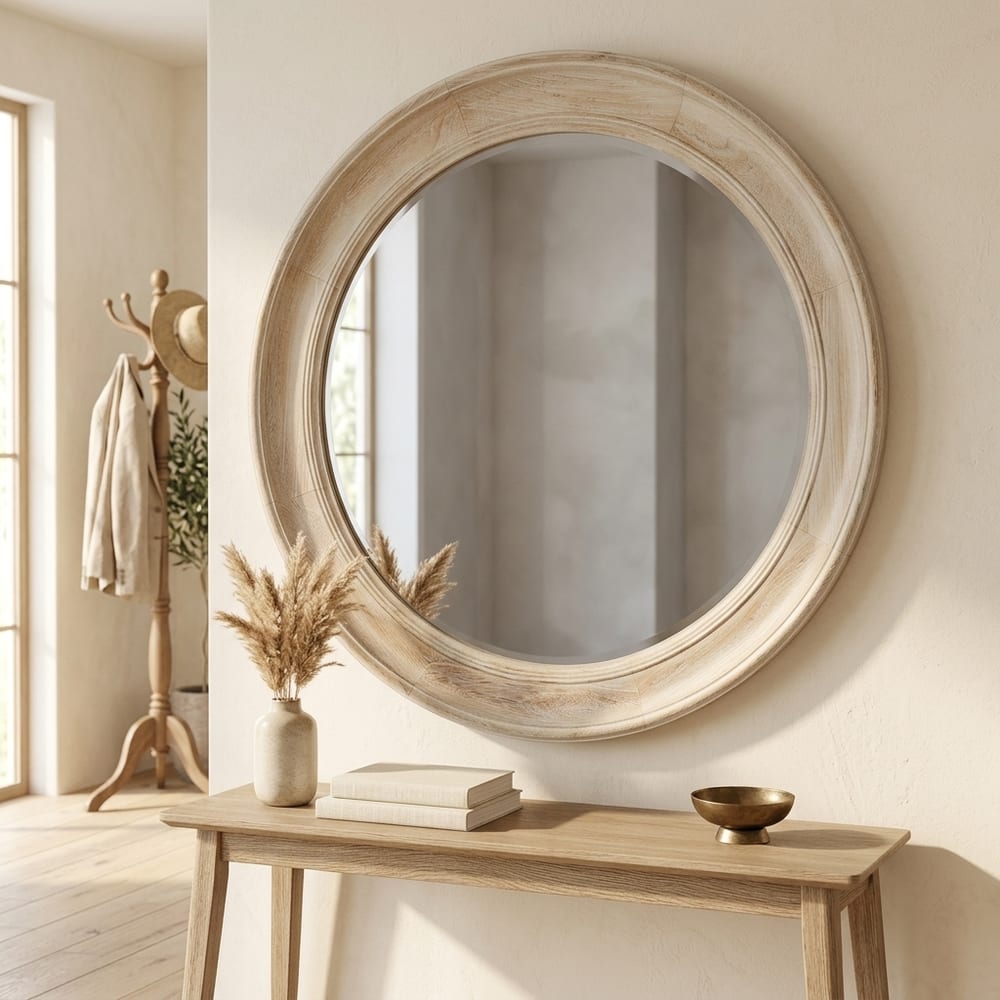Washed Wood Round Framed Mirror | Assembled