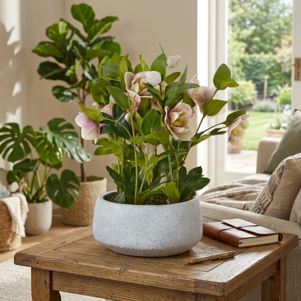 Variegated Pink Hellebore Plant In Grey Pot | Assembled