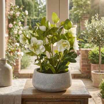 White Hellebore Plant In Grey Pot | Assembled