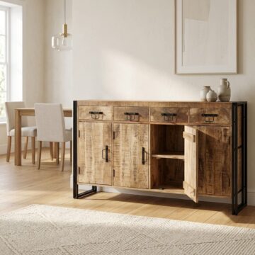 Memphis Industrial Mango 4 Door 4 Drawer Extra Large Sideboard | Black Steel | Assembled