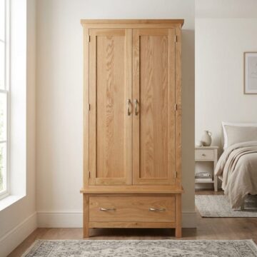 Brancepeth Oak Gentlemans Wardrobe with Drawer | Lacquered Finish