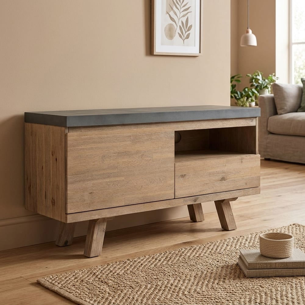 Brixton Oak 1 Door 1 Drawer TV Cabinet 120cm | Grey Top