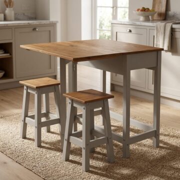Azusa Grey Drop Leaf Extending Table & 2 Stools | Grey Wax | 40 -72cm