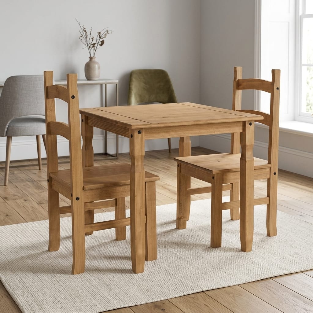 Azusa Square Dining Table & 2 Chairs | Antique Waxed Pine