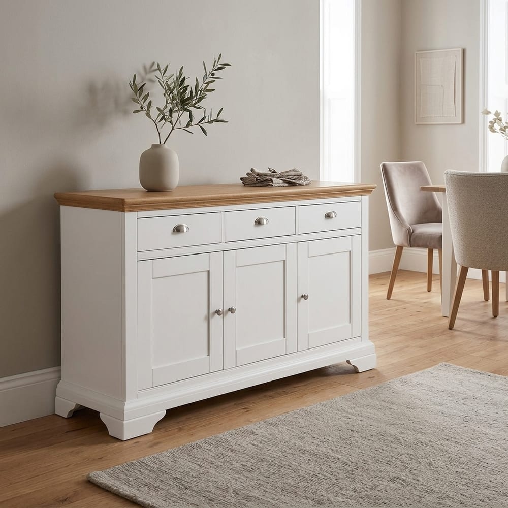 Grenada Ivory 3 Door 3 Drawer Wide Sideboard | Oak