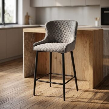 Eyam Vintage Oak Pair of Grey Velvet Fabric Bar Stools with Sand Black Powder Coated Legs