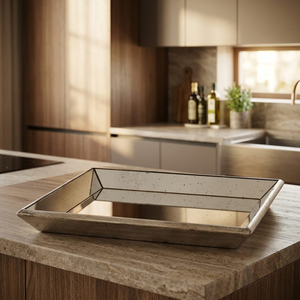 Silver Berlin Distressed Mirrored Square Tray with Wooden Detailing | Large