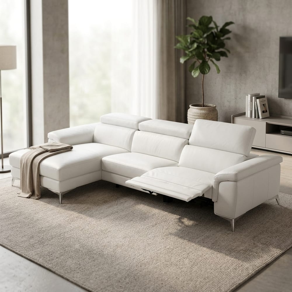 Valentina Italian Leather Left Hand Facing Chaise With 1 Recliner | White