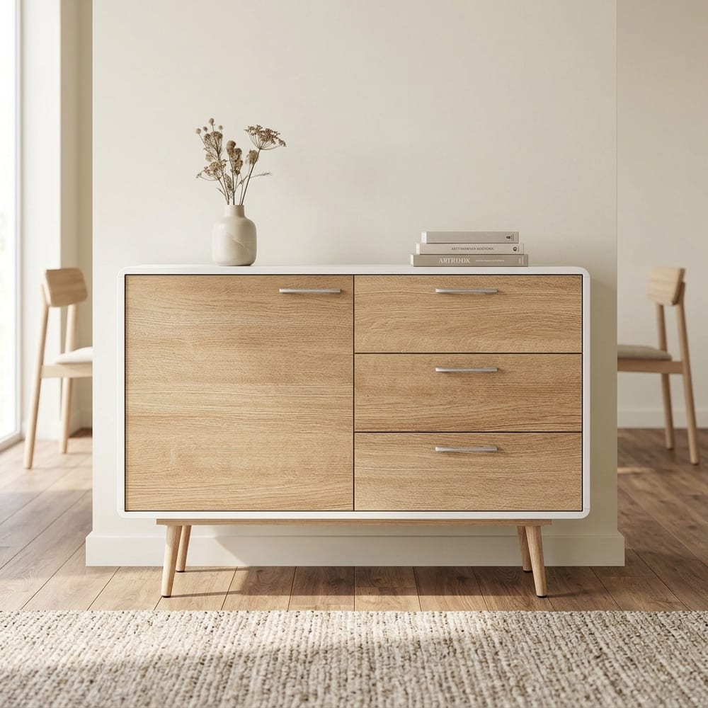 Collab White 1 Door 3 Drawer Small Sideboard | Pine Finish