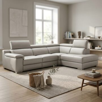 Ancona Italian Leather Right Hand Facing Corner Sofa | Light Grey