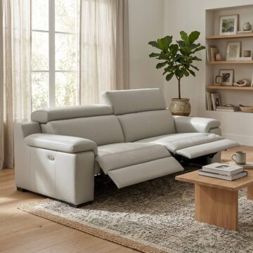 Ancona Italian Leather 3 Seat Sofa With 2 Electric Recliners | Light Grey