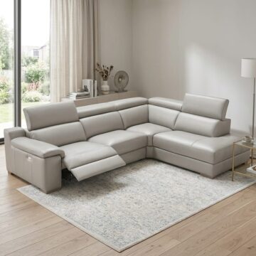 Ancona Italian Leather Right Hand Facing Corner Sofa With 1 Electric Recliner | Light Grey