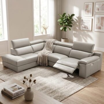 Ancona Italian Leather Left Hand Facing Corner Sofa With 1 Electric Recliner | Light Grey