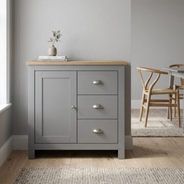 Leigh Grey 1 Door 3 Drawer Sideboard | Oak Finish Top