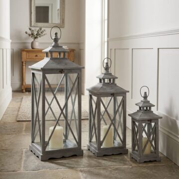 Set Of Three Wooden Lanterns With Traditional Cross Section