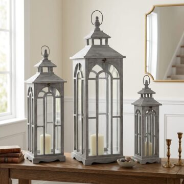 Set Of Three Wooden Lanterns With Archway Design