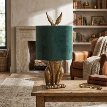Antique Gold Hare Table Lamp With Green Velvet Shade