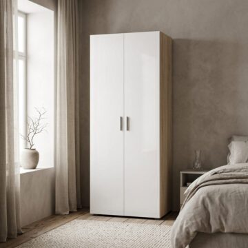Rossi White High Gloss 2 Door Wardrobe | Oak Finish