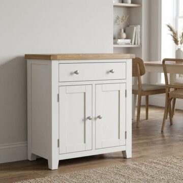 Norfolk White 2 Door 1 Drawer Hall Cabinet | Oak Top | Assembled