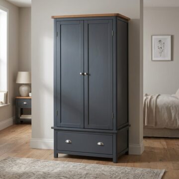 Stirling Carbon Grey 2 Door Wardrobe with Drawer | Antique Oak Effect Wax