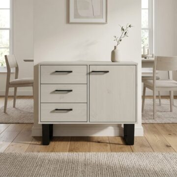 Mowbray Grey Waxed Pine 1 Door 3 Drawer Small Sideboard | Black Legs