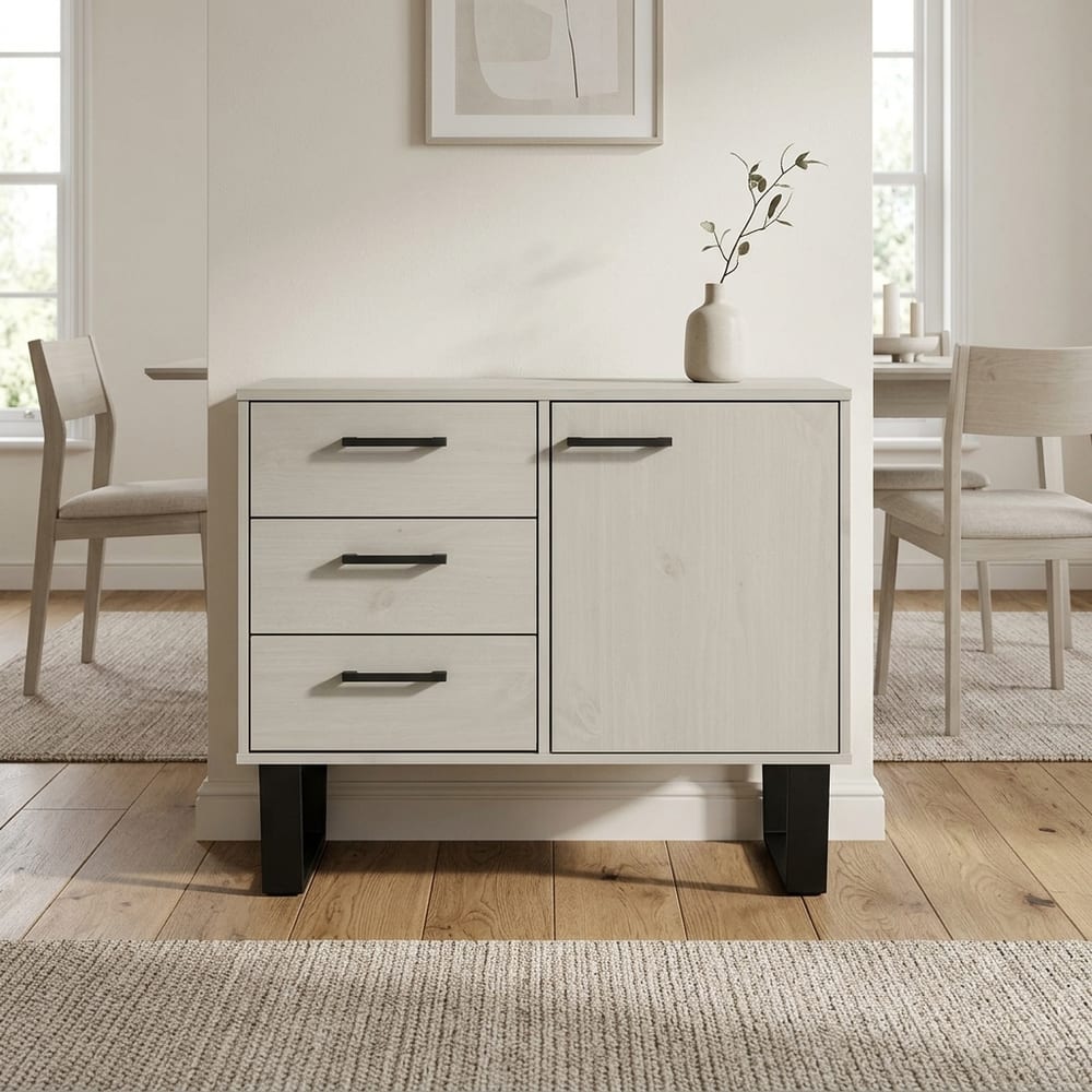 Mowbray Grey Waxed Pine 1 Door 3 Drawer Small Sideboard | Black Legs