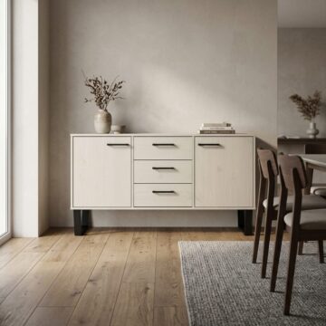 Mowbray Grey Waxed Pine 2 Door 3 Drawer Medium Sideboard | Black Legs