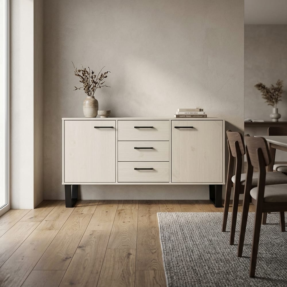 Mowbray Grey Waxed Pine 2 Door 3 Drawer Medium Sideboard | Black Legs