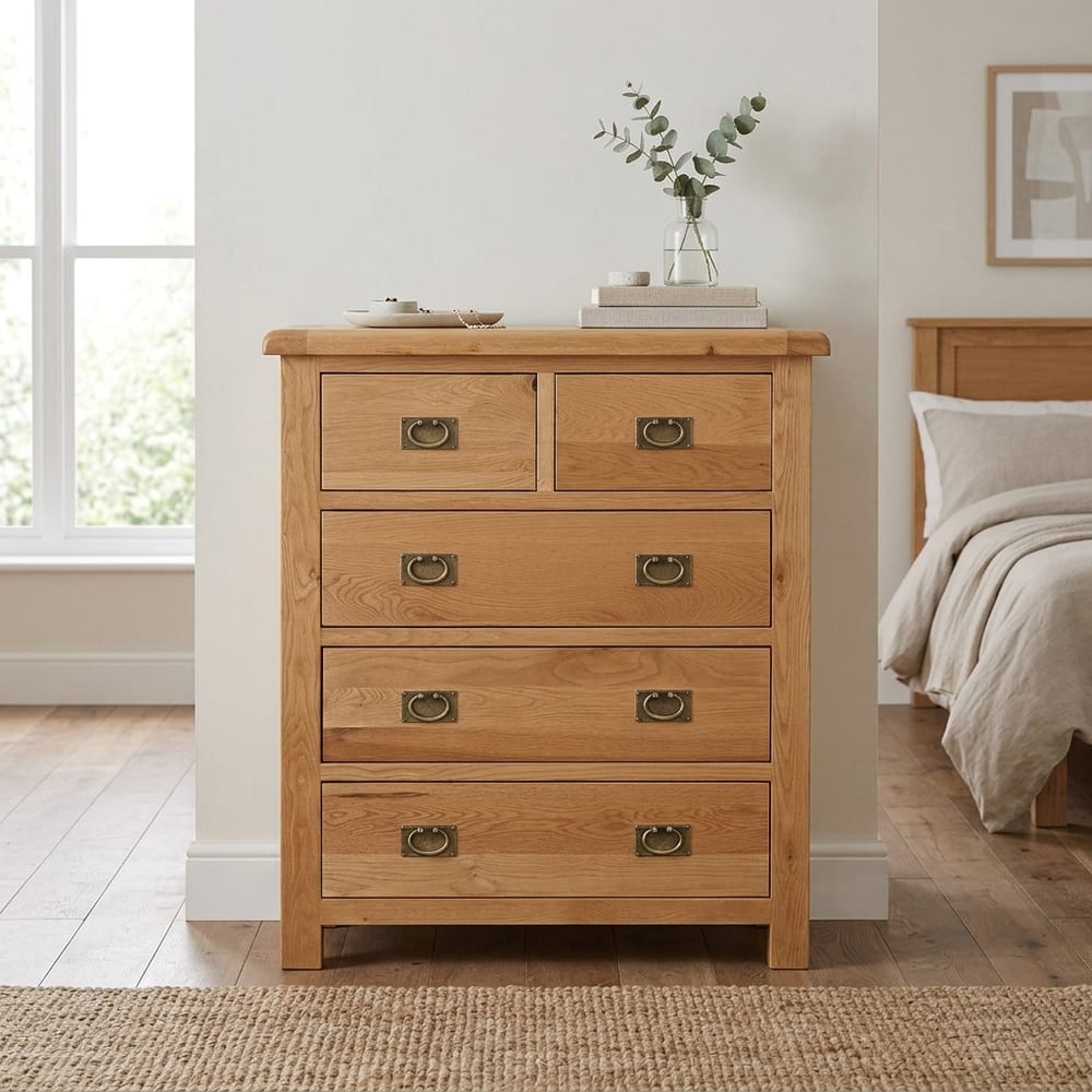 Salisbury Rustic Oak 2 Over 3 Chest of Drawers | Wax Finish | Assembled
