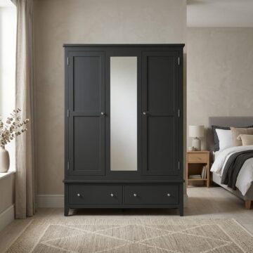 Geneva Charcoal Black Triple Wardrobe with Drawers & Mirror