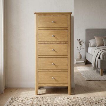Denby Oak 5 Drawer Tallboy | Assembled