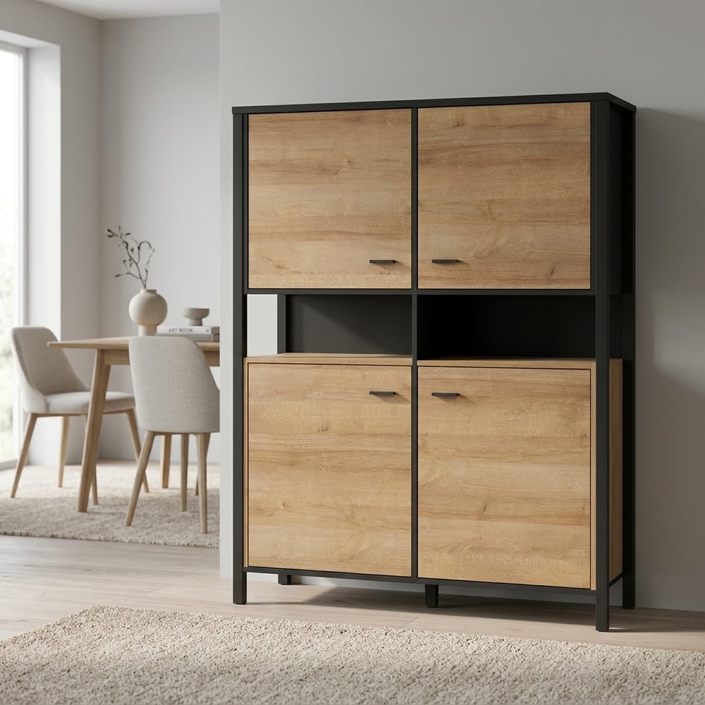 Hard Rock Matt Black 4 Door Storage Cabinet | Riviera Oak