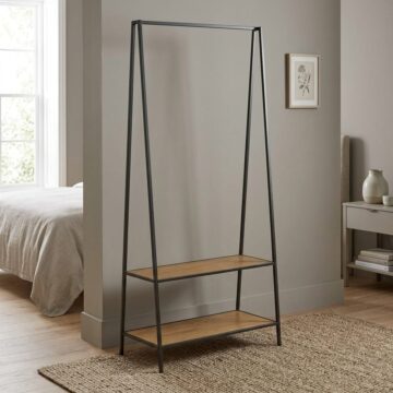 Milford Black Metal Clothes Rack | 2 Oak Finish Shelves