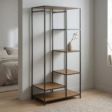 Milford Black Metal Clothes Rack | 5 Oak Finish Shelves