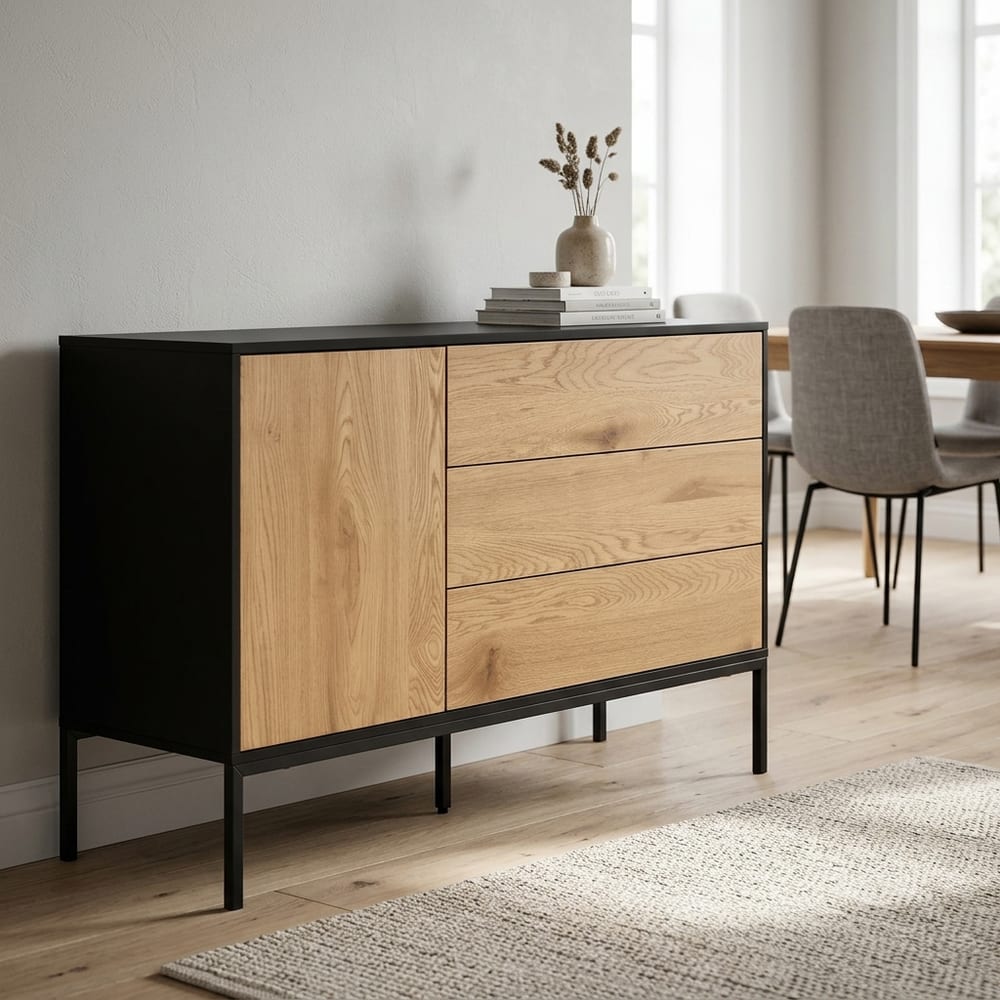 Milford 1 Door 3 Drawer Small Sideboard in Black & Oak