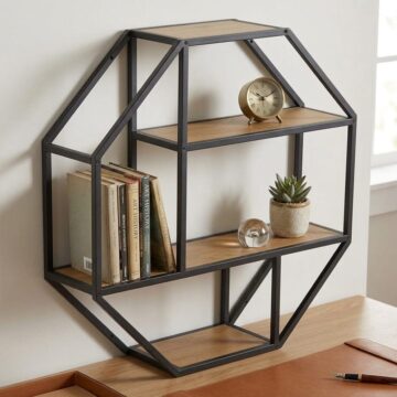 Milford Octagonal Black Metal Wall Shelf 77cm | Oak Finish