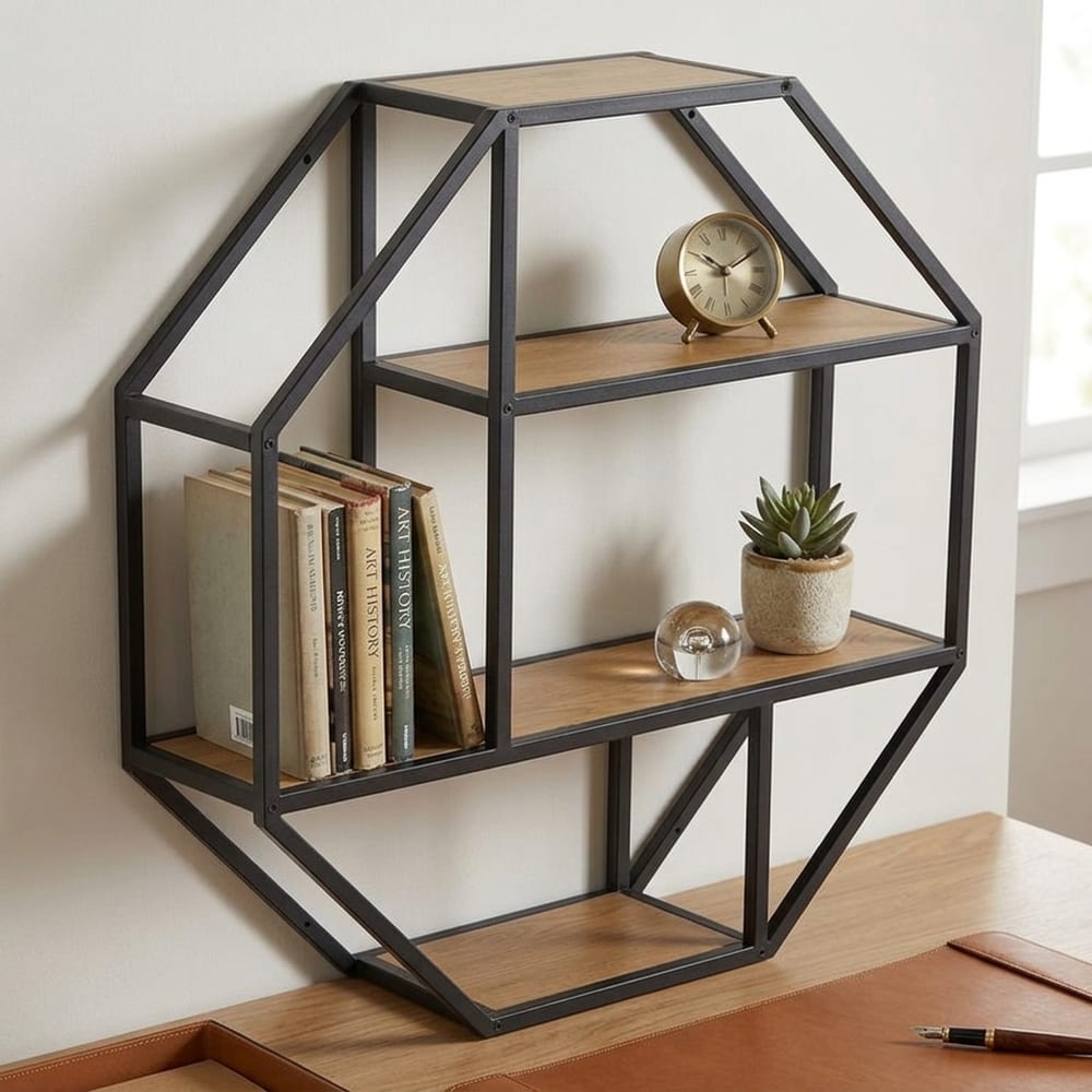 Milford Octagonal Black Metal Wall Shelf 77cm | Oak Finish