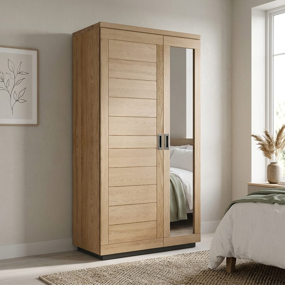 Industrial Oak Double Wardrobe | Mirror | Natural Oil Finish