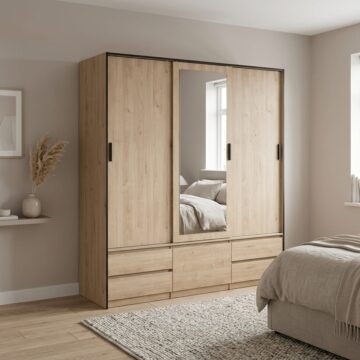 Cairo Triple Sliding Door Wardrobe with Drawers | Jackson Hickory Oak