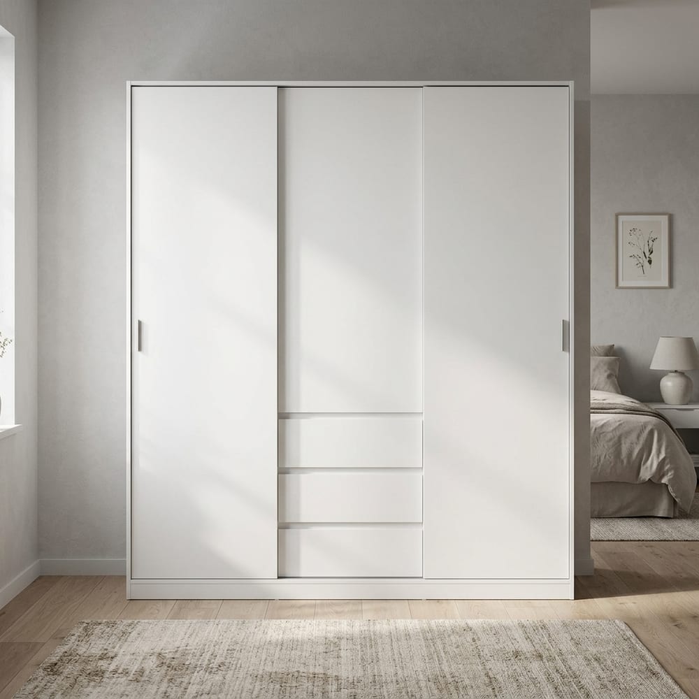 Moderno Wardrobe with 2 sliding Doors + 1 door + 3 drawers in White
