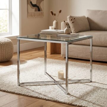 Silver Cross Square Metal Side Table with Glass Top