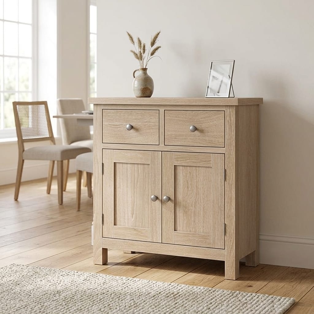 Oaktide White Wash 2 Door 2 Drawer Small Sideboard | Assembled