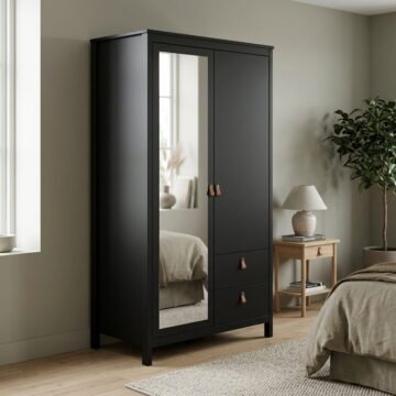 Seville Matt Black 2 Door Wardrobe with Drawers & Mirror