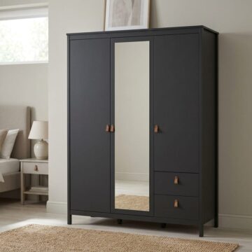 Seville Matt Black 2 Door Wardrobe with Drawers & Mirror