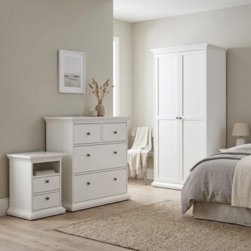 Paris 3 Piece Bundle, Bedside, Chest and 2 Door Wardrobe in White
