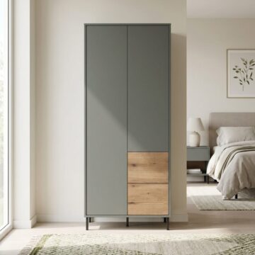 Ayr Green Double Wardrobe with Drawers | Oak Finish