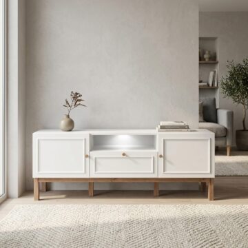 Wesley Light Grey 2 Door 1 Drawer TV Unit 160cm | Oak Finish | Inc LED Lighting