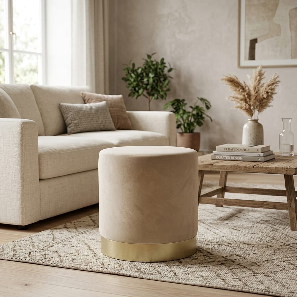 Lana Pouffe Beige Velvet / Brushed Gold - Small | Assembled