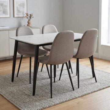 Dalvik Rectangular Dining Table & 4 Upholstered Chairs | White Marble Effect Top